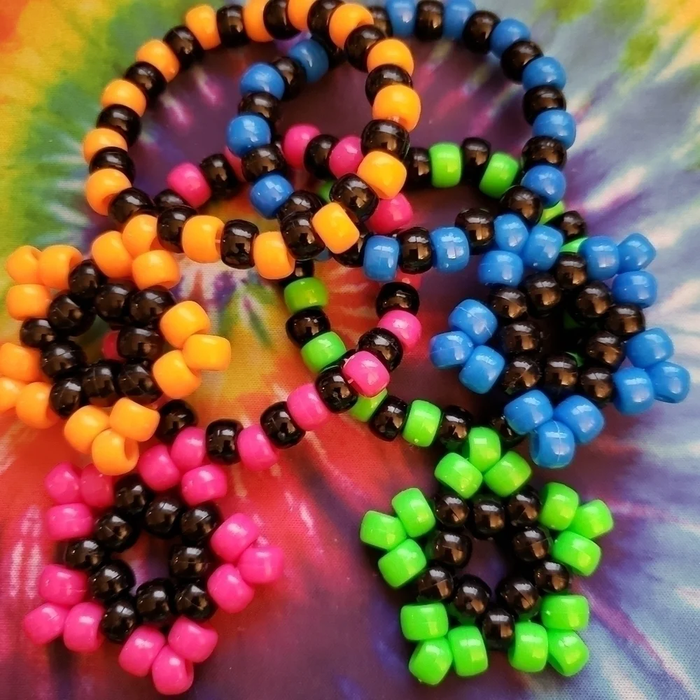 Handmade Bundle Set of Rainbow Neon Black Kandi Star Bracelets
